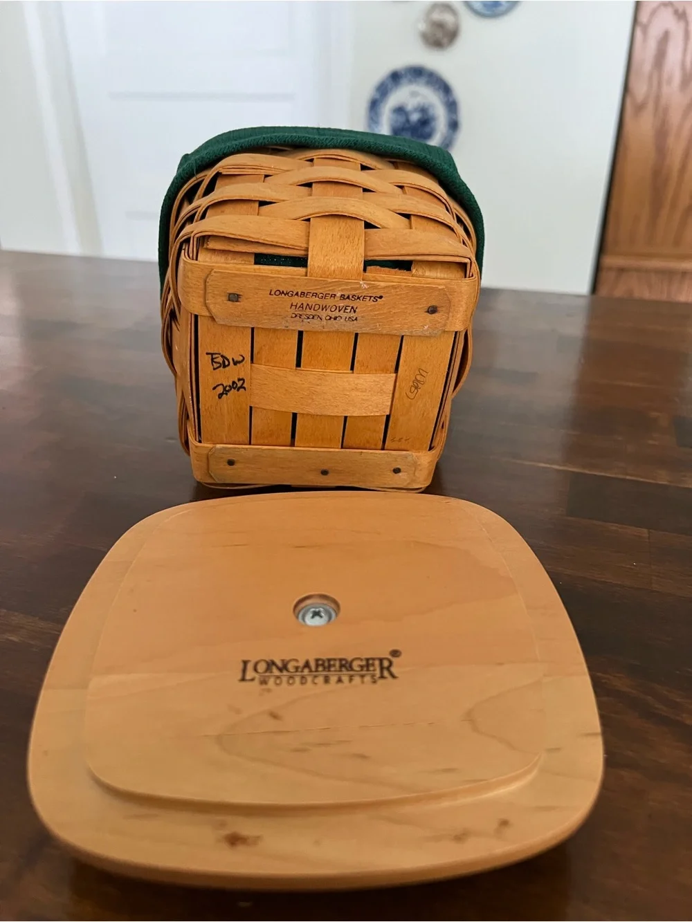 Longaberger Teaspoon Basket with Choice of Green Fabric Liner and Wood Lid, 2002